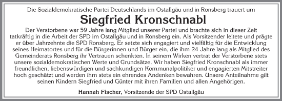 Traueranzeige von Siegfried Kronschnabl von Allgäuer Zeitung, Marktoberdorf