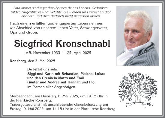 Traueranzeige von Siegfried Kronschnabl von Allgäuer Zeitung, Marktoberdorf