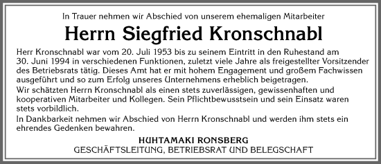 Traueranzeige von Siegfried Kronschnabl von Allgäuer Zeitung, Marktoberdorf