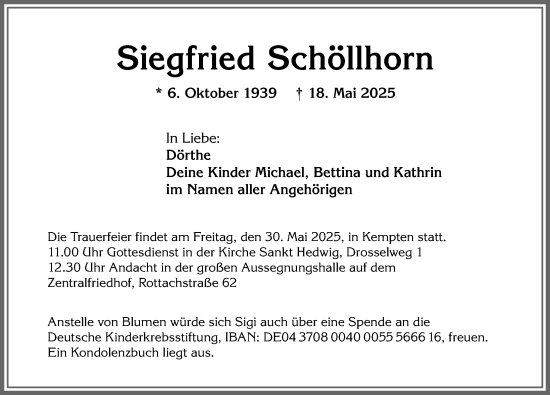 Traueranzeige von Siegfried Schöllhorn von Allgäuer Zeitung,Kempten