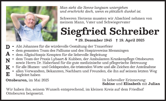 Traueranzeige von Siegfried Schreiber von Memminger Zeitung