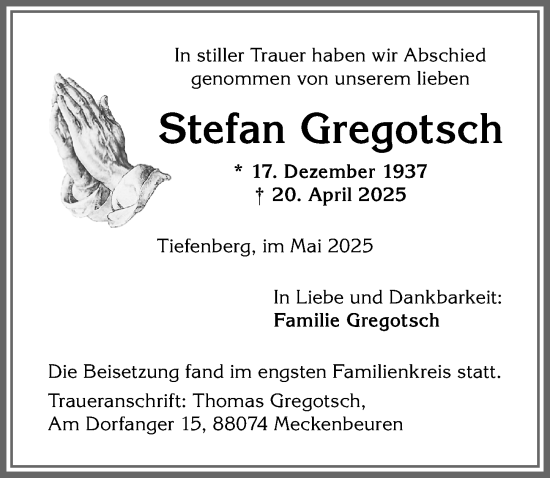 Traueranzeige von Stefan Gregotsch von Allgäuer Anzeigeblatt
