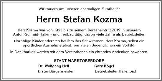 Traueranzeige von Stefan Kozma von Allgäuer Zeitung, Marktoberdorf