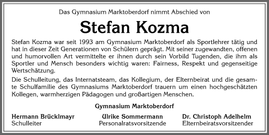 Traueranzeige von Stefan Kozma von Allgäuer Zeitung, Marktoberdorf