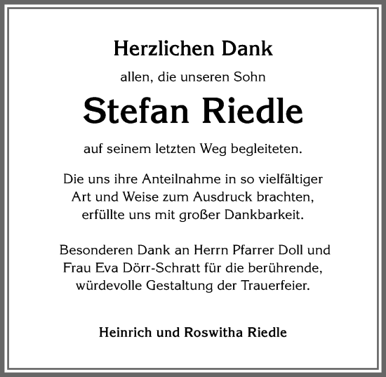 Traueranzeige von Stefan Riedle von Allgäuer Zeitung,Kempten