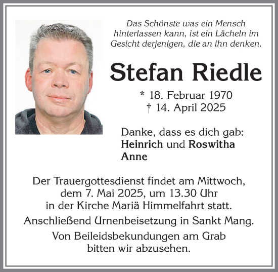 Traueranzeige von Stefan Riedle von Allgäuer Zeitung,Kempten