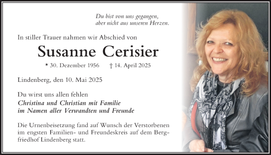 Traueranzeige von Susanne Cerisier von Der Westallgäuer