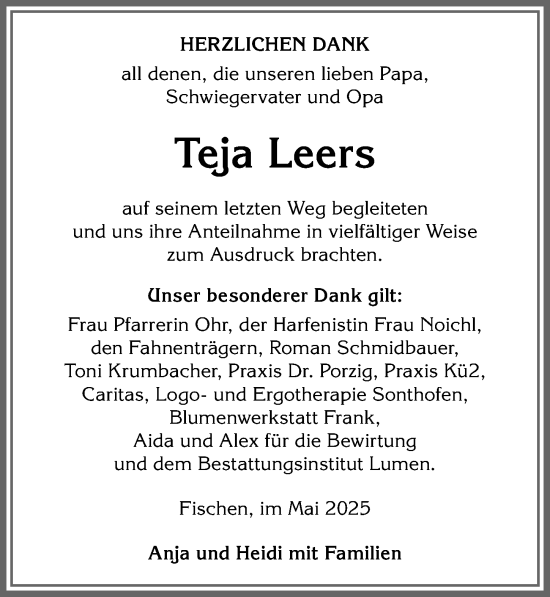 Traueranzeige von Teja Leers von Allgäuer Anzeigeblatt