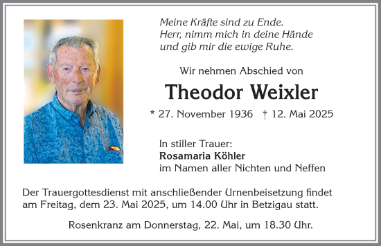 Traueranzeige von Theodor Weixler von Allgäuer Zeitung,Kempten