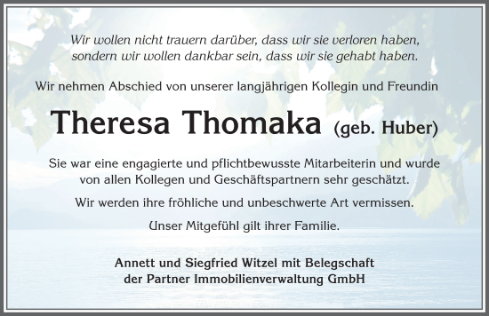 Traueranzeige von Theresa Thomaka von Memminger Zeitung
