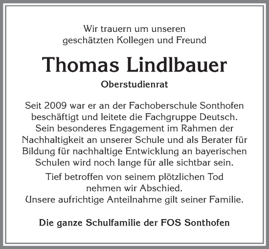 Traueranzeige von Thomas Lindlbauer von Allgäuer Anzeigeblatt