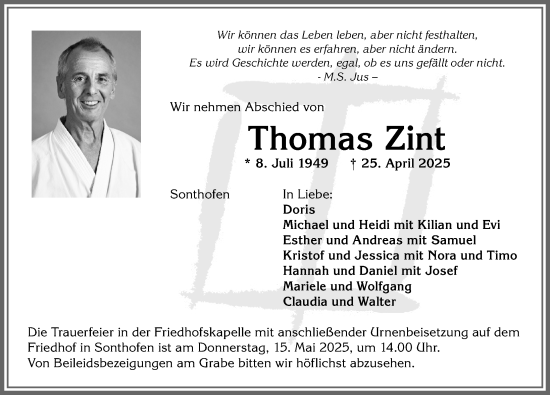 Traueranzeige von Thomas Zint von Allgäuer Anzeigeblatt