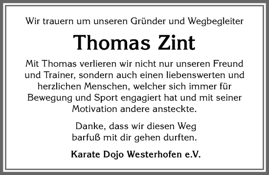 Traueranzeige von Thomas Zint von Allgäuer Anzeigeblatt