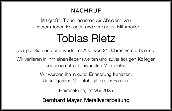 Traueranzeige von Tobias Rietz von Der Westallgäuer