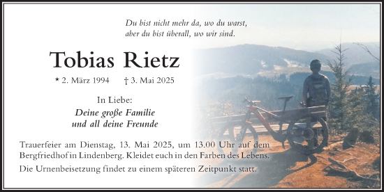 Traueranzeige von Tobias Rietz von Der Westallgäuer