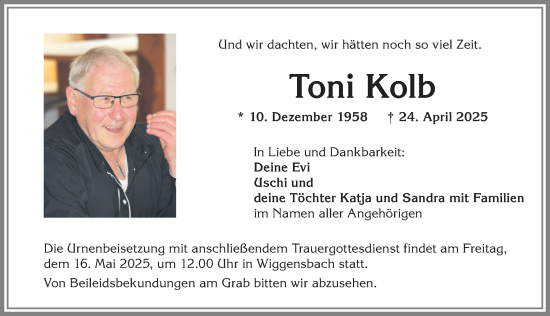 Traueranzeige von Toni Kolb von Allgäuer Zeitung,Kempten