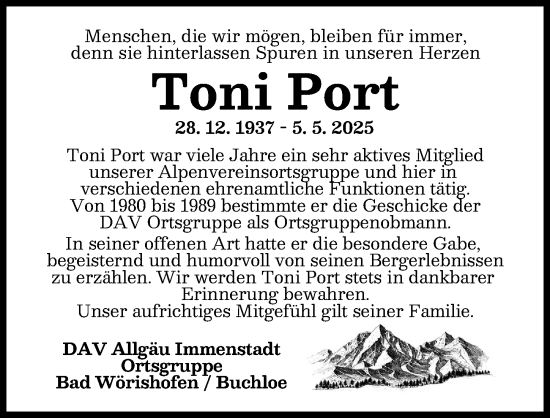Traueranzeige von Toni Port von Mindelheimer Zeitung, Augsburger Allgemeine