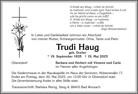 Traueranzeige von Trudi Haug von Allgäuer Anzeigeblatt