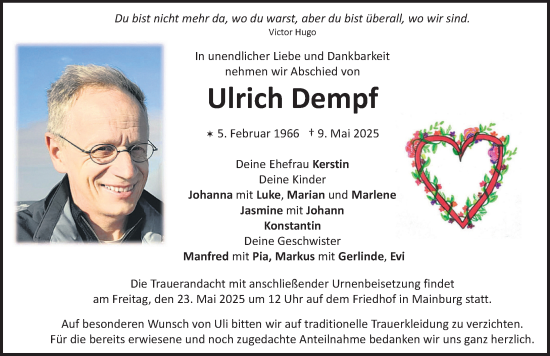Traueranzeige von Ulrich Dempf von Allgäuer Zeitung, Kaufbeuren/Buchloe