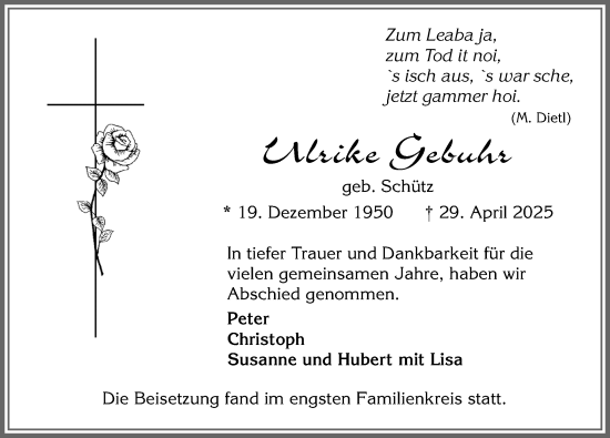 Traueranzeige von Ulrike Gebuhr von Memminger Zeitung