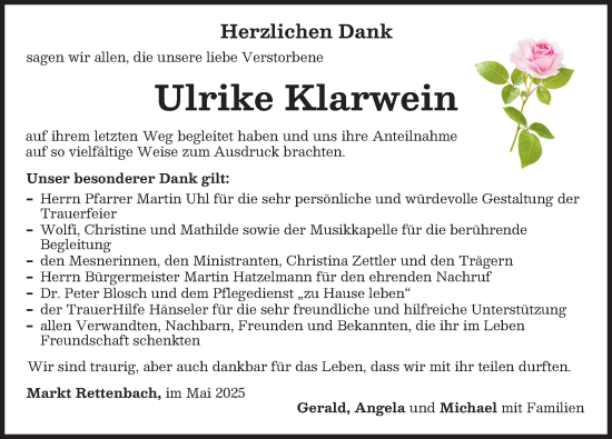 Traueranzeige von Ulrike Klarwein von Memminger Zeitung