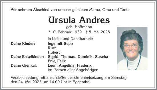 Traueranzeige von Ursula Andres von Allgäuer Zeitung, Kaufbeuren/Buchloe