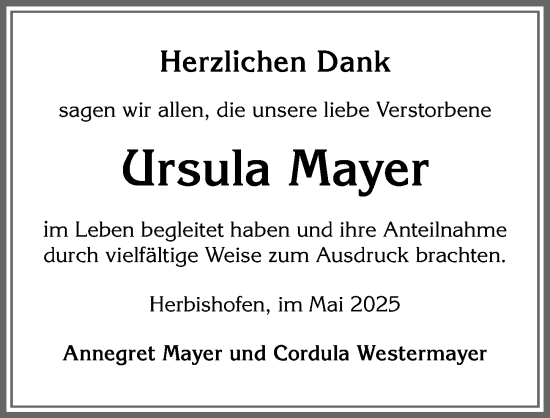 Traueranzeige von Ursula Mayer von Memminger Zeitung