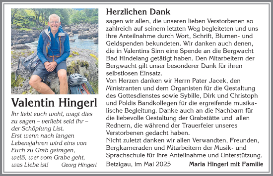 Traueranzeige von Valentin Hingerl von Allgäuer Zeitung,Kempten