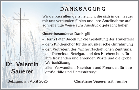 Traueranzeige von Valentin Sauerer von Allgäuer Zeitung,Kempten
