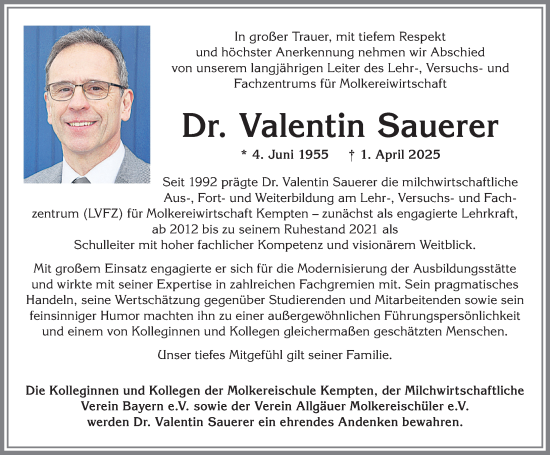 Traueranzeige von Valentin Sauerer von Allgäuer Zeitung,Kempten