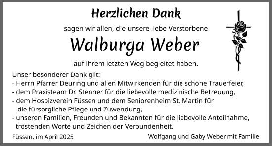 Traueranzeige von Walburga Weber von Allgäuer Zeitung, Füssen