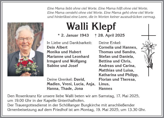 Traueranzeige von Walli Klepf von Allgäuer Anzeigeblatt