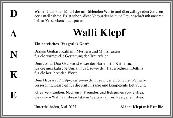 Traueranzeige von Walli Klepf von Allgäuer Anzeigeblatt