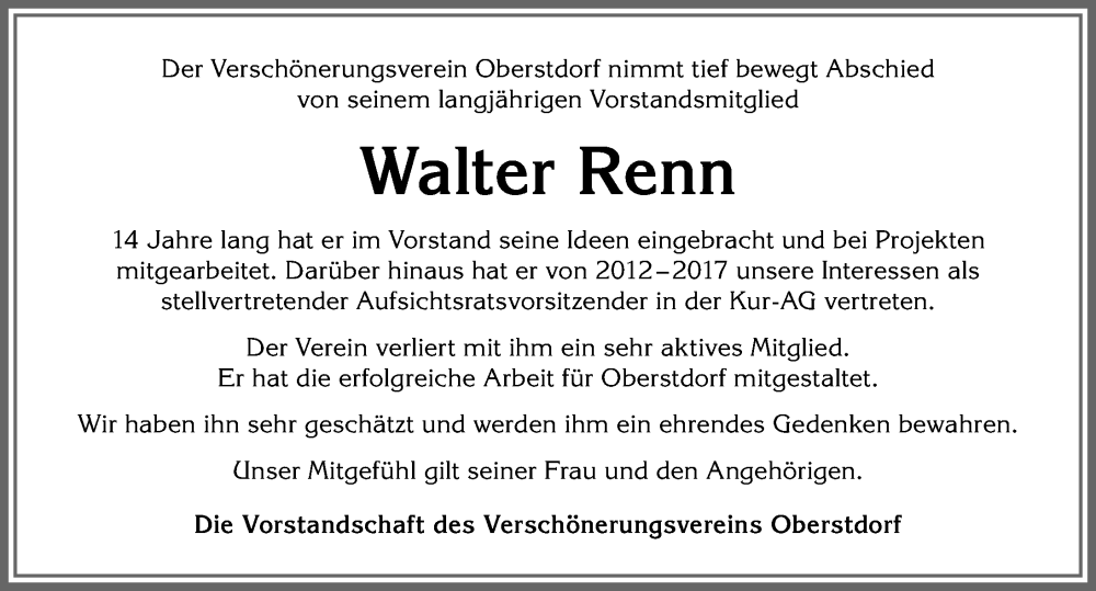  Traueranzeige für Walter Renn vom 28.05.2025 aus Allgäuer Anzeigeblatt