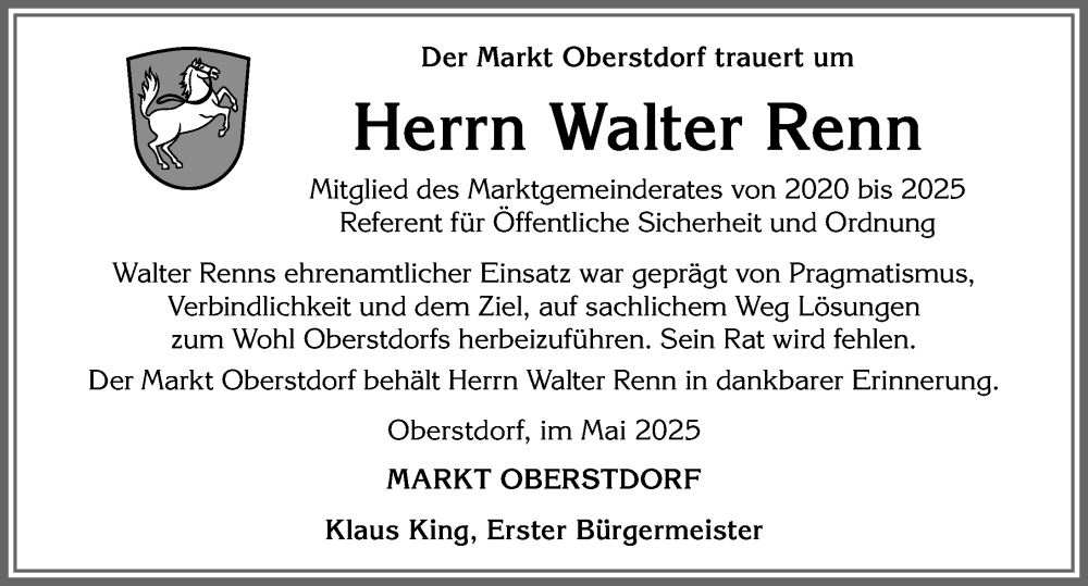 Traueranzeige für Walter Renn vom 28.05.2025 aus Allgäuer Anzeigeblatt