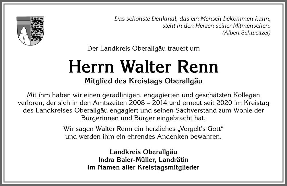  Traueranzeige für Walter Renn vom 28.05.2025 aus Allgäuer Anzeigeblatt