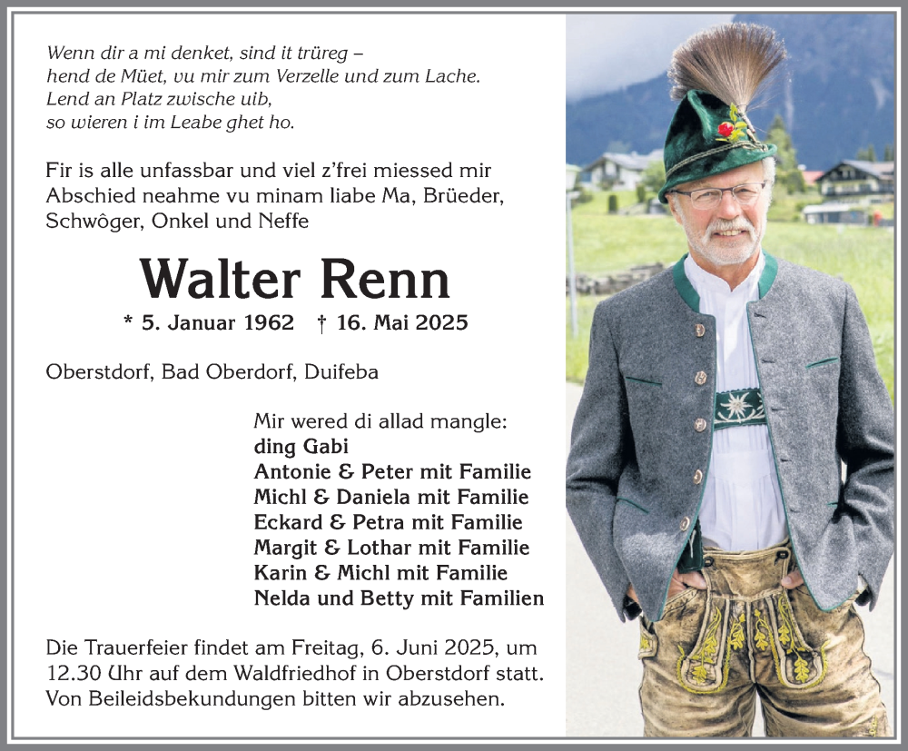  Traueranzeige für Walter Renn vom 28.05.2025 aus Allgäuer Anzeigeblatt