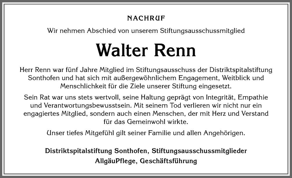  Traueranzeige für Walter Renn vom 28.05.2025 aus Allgäuer Anzeigeblatt