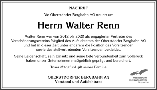 Traueranzeige von Walter Renn von Allgäuer Anzeigeblatt