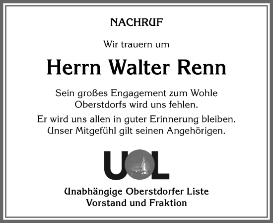Traueranzeige von Walter Renn von Allgäuer Anzeigeblatt