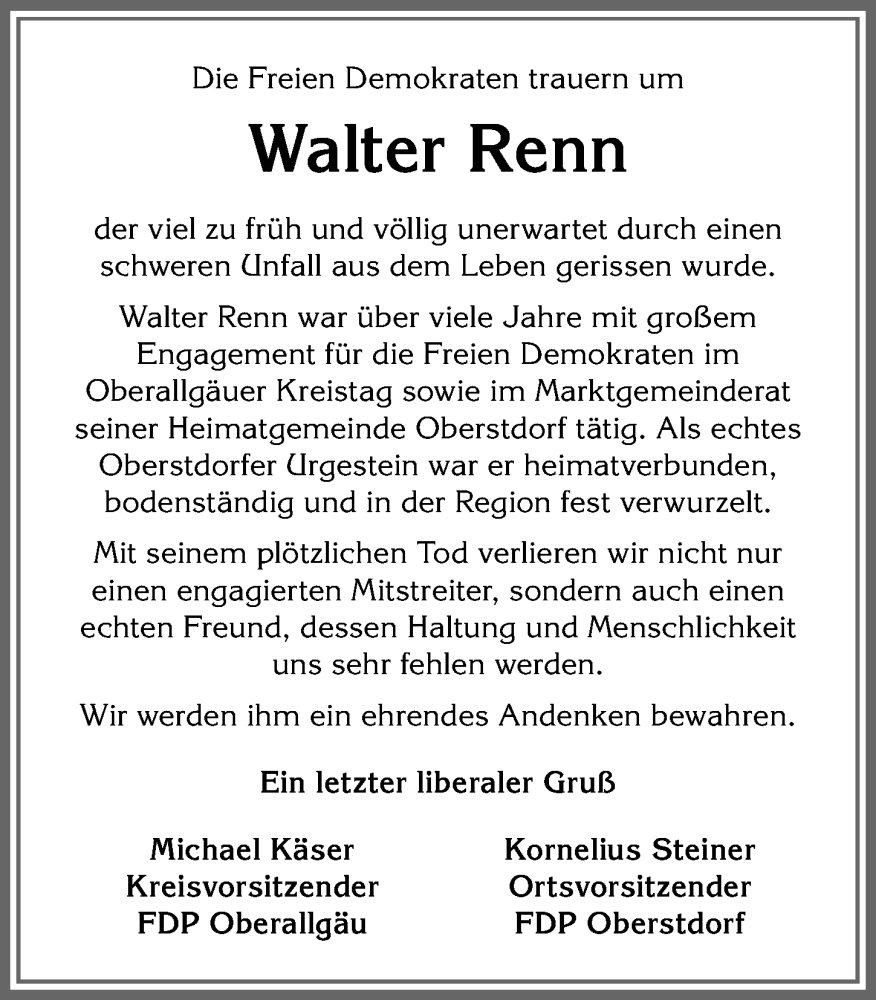  Traueranzeige für Walter Renn vom 28.05.2025 aus Allgäuer Anzeigeblatt