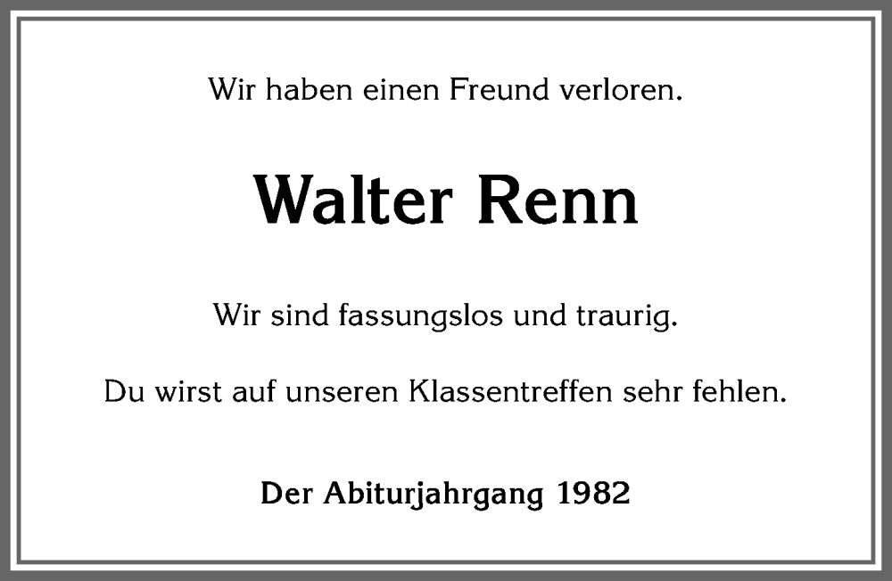  Traueranzeige für Walter Renn vom 28.05.2025 aus Allgäuer Anzeigeblatt