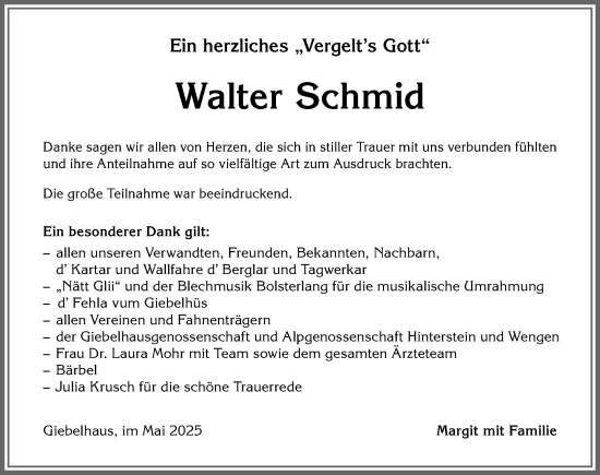Traueranzeige von Walter Schmid von Allgäuer Anzeigeblatt