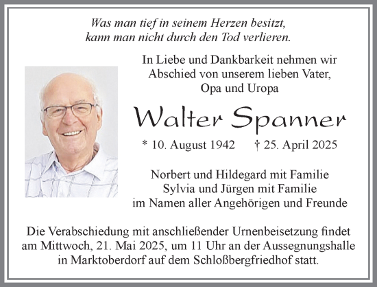 Traueranzeige von Walter Spanner von Allgäuer Zeitung, Marktoberdorf