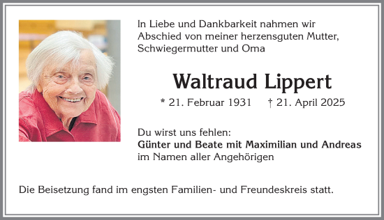 Traueranzeige von Waltraud Lippert von Allgäuer Zeitung,Kempten
