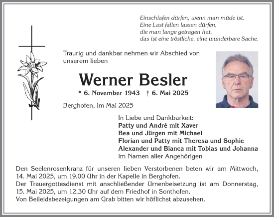 Traueranzeige von Werner Besler von Allgäuer Anzeigeblatt