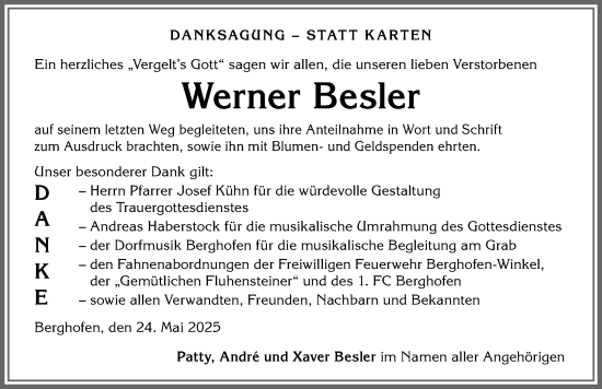 Traueranzeige von Werner Besler von Allgäuer Anzeigeblatt