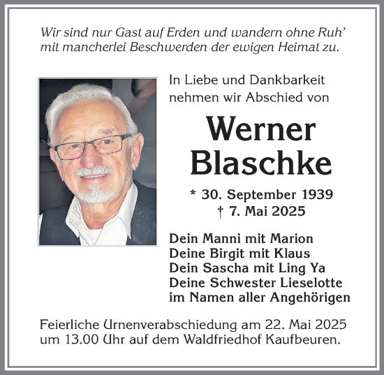 Traueranzeige von Werner Blaschke von Allgäuer Zeitung, Kaufbeuren/Buchloe
