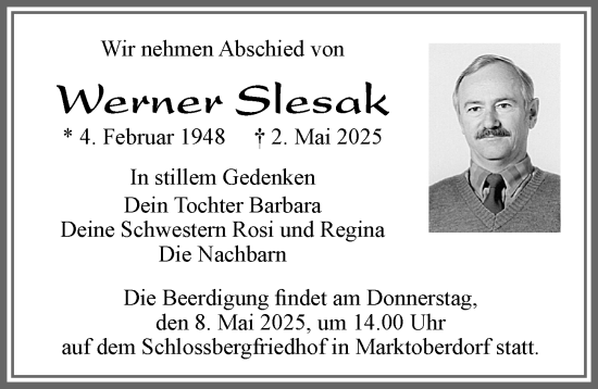 Traueranzeige von Werner Slesak von Allgäuer Zeitung, Marktoberdorf