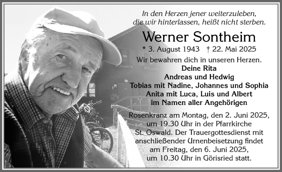 Traueranzeige von Werner Sontheim von Allgäuer Zeitung, Marktoberdorf